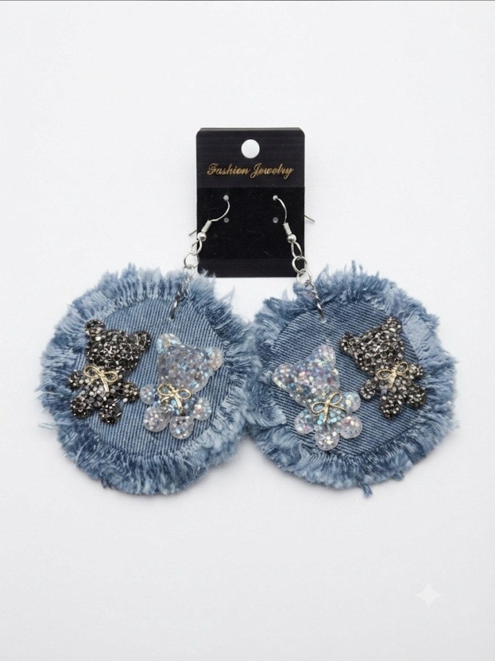 Denim Fringe Bear Drop Earrings